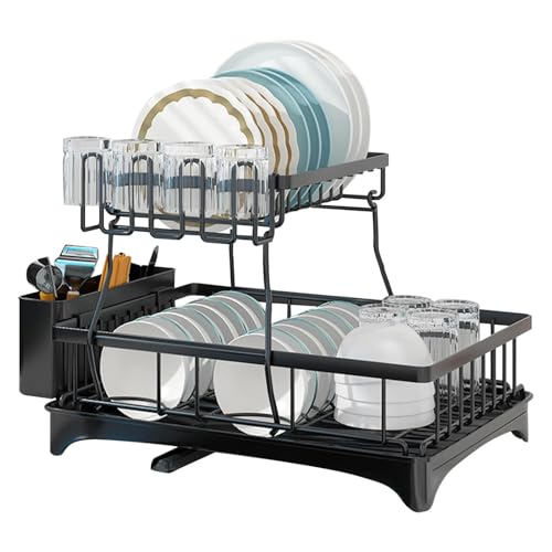 Abtropfgestell, abnehmbarer 2-stöckiger Organizer, Edelstahl-Sieb, inklusive Trockenbrett, Utensilienhalter, rostbeständige Konstruktion, platzsparendes Design, perfekt für Küchentheke, Schrank, Spüle von Generisch