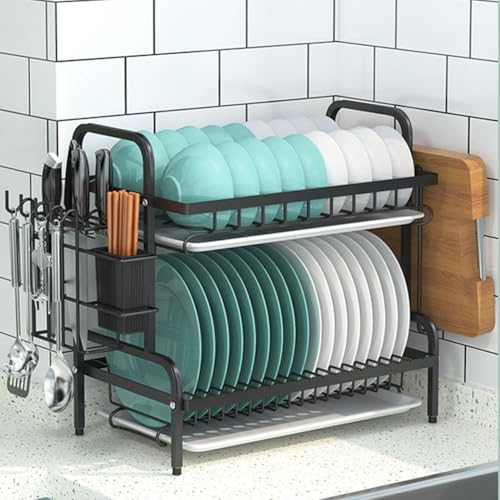 Abtropfgestell mit 2 Ebenen, rostfrei, multifunktional, groß, Küchentheke, Schwarz, 2,43 x 23,5 x 39 cm, perfekt für die Aufbewahrung von Besteck und Geschirr von Generisch