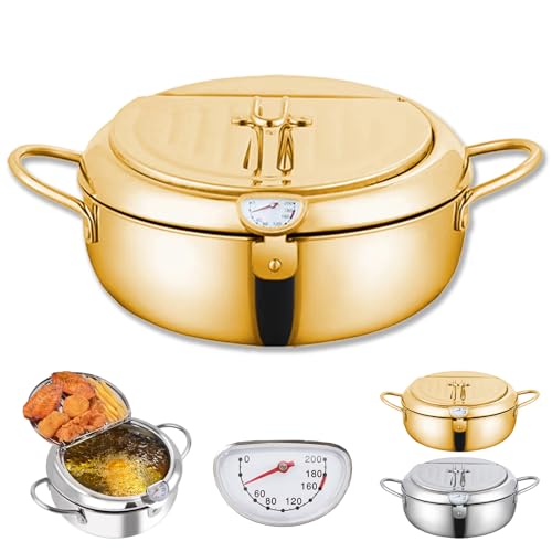 Achievement - Stainless Steel Frying Pot,Japanese Deep Fryer Pot,2.2/3.4/4.2L Capacity,with Temperature Control and Oil Drip Drain Rack,Cook a Delicious Meal for Your Family (Gold,3.4L) von Generisch