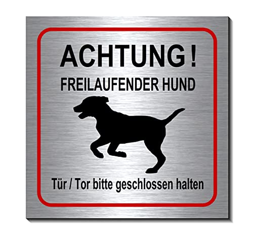 Achtung-Freilaufender-Hund-Schild 100 x 100 x 3 mm-Aluminium Edelstahloptik silber mattgebürstet Hinweisschild-1910-114 von Generisch