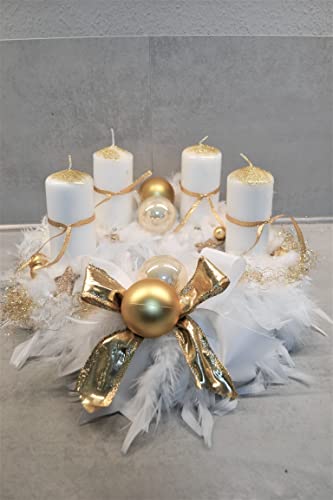 Adventskranz Federn weiß Gold Natur 40 cm künstlich Weihnachten Adventsgesteck von Generisch