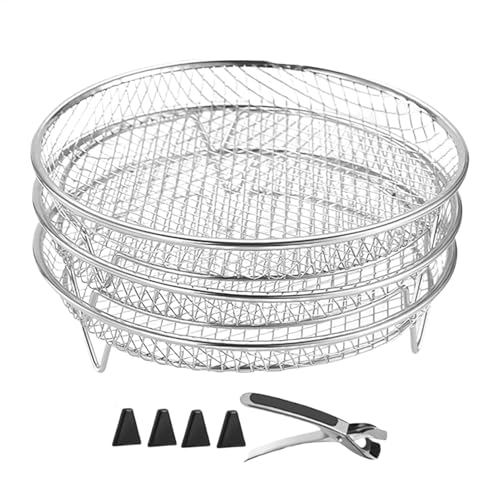 Air Fryer Rack – Stapelbare Dörrregale | 3 x stapelbarer Grillkorb aus Edelstahl, Küchenständer, Luftfritteusen-Zubehör, Luftfritteusenkorb für Dampfgarer, inkl. Greifclip von Generisch
