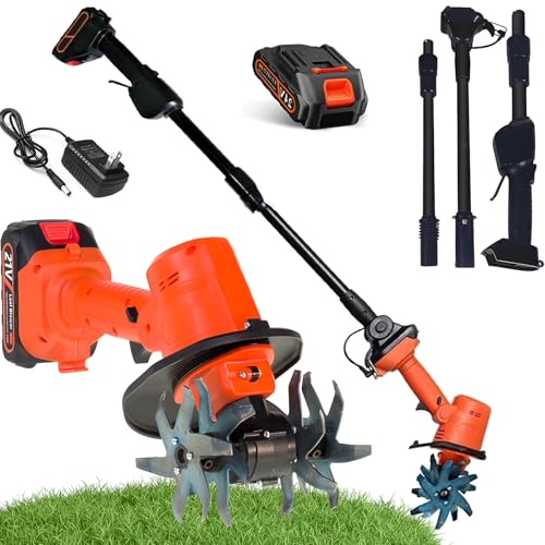 Akku-Elektro-Gartenfräse, Handfräse, Mikrofräse mit Teleskopstange, inklusive 2 Batterien, 10 cm Arbeitstiefe & Breite für effiziente Bodenrotavation von Generisch