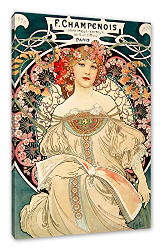 Pixxprint Alfons Mucha - Frau umringt von Blumen, Weiß, Größe: 100x70cm, Leinwandbild, fertig gespannt, Wandbild, Dekoration, Kunstdruck, kein Poster von Generisch