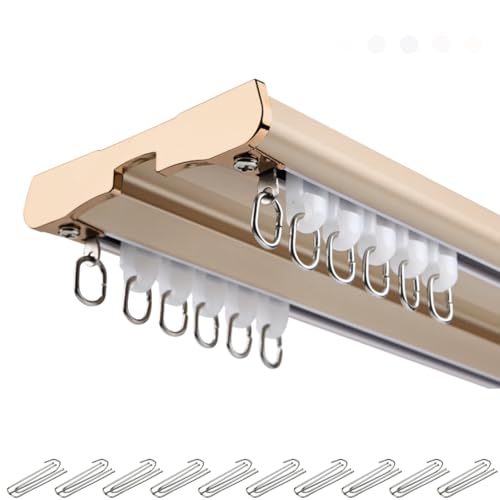 Aluminium Deckenvorhangschiene 1-6m │ Double Vorhang‑Schiene Set Inkl. Endkappen & Montageschrauben │ Leise Gardinenstange Decke for Fenster, Dusche & Raumteiler(Gold,2.1m) von Generisch