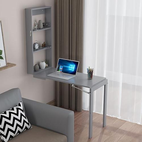 An der Wand montierter Klapptisch aus Holz. Herunterklappbarer Tisch, Wandschreibtisch. Robuster, klappbarer Arbeitstisch. Einfach zu installierender Computertisch für den Einsatz im Arbeits von Generisch