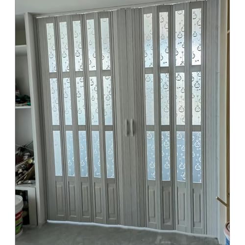Anpassbarer 180,3 x 203,2 cm Akkordeon-Tür PVC-Raumteiler für Büro/Küche/Wohnzimmer, weiße Schiebetür mit Griffen und Acrylglas (180,3 x 203,2 cm) von Generisch