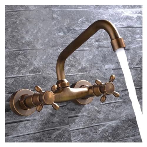 Antike Messing Wandmontierte Badezimmer-Armaturen, Doppel-Mischbatterie für heißes und kaltes Wasser, elegante Küchenspüle, Vintage-Stil, Sanitärarmaturen von Generisch