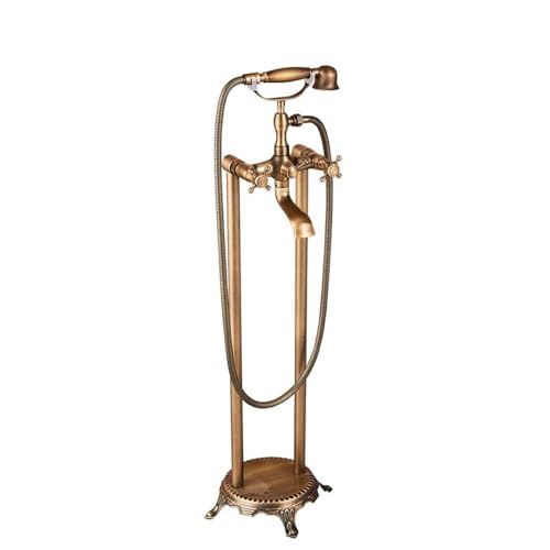 Antikes Messing Badewanne Dusche Wasserhahn Set Messing Handbrause Dual Knäufe Mischbatterie Schwenkmischer Bodenstehender Wasserhahn von Generisch
