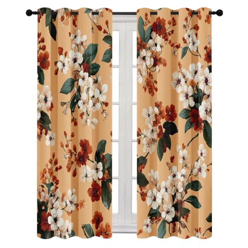 Apfelblüte Blumen Vorhänge Floral Blätter Pflanzen Vorhang Blickdicht mit Ösen, Verdunklungsvorhänge Gardinen für Schlafzimmer Wohnzimmer Fenster Deko 2er Set H200 x B140 cm von Generisch