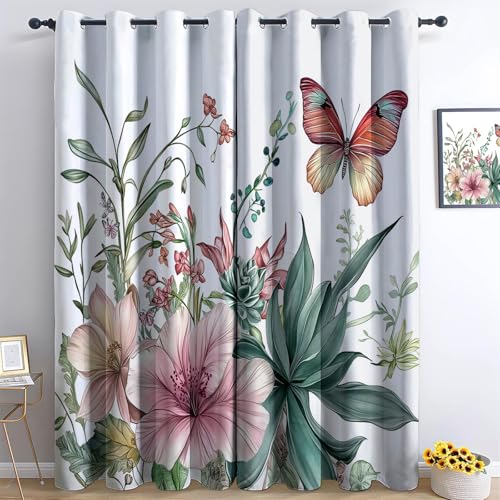 Aquarell Blumen Sukkulenten Schmetterlinge Vorhänge 3D Wohnzimmer Gardinen Verdunkelungsvorhänge 2er Set, Vorhang Blickdicht Wärmeisolierend Gardine mit Ösen Schlafzimmer Deko 2 x H183 x B117 cm von Generisch