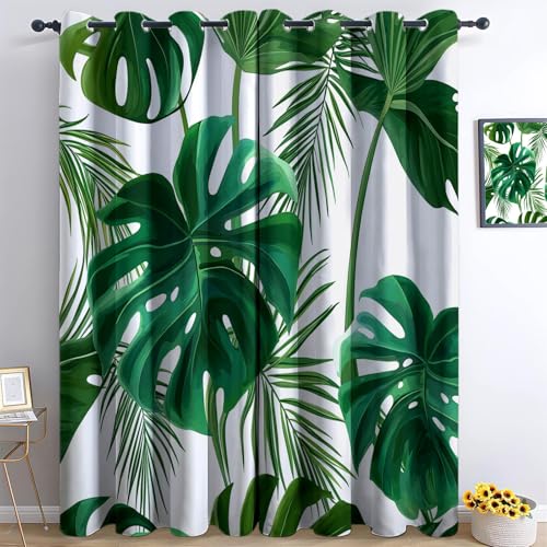 Aquarellmalerei Monstera Palmen Vorhänge 3D Drucken Wohnzimmer Gardinen Verdunkelungsvorhänge 2er Set, Vorhang Blickdicht Wärmeisolierend Gardine mit Ösen Schlafzimmer Deko 2 x H260 x B140 cm von Generisch