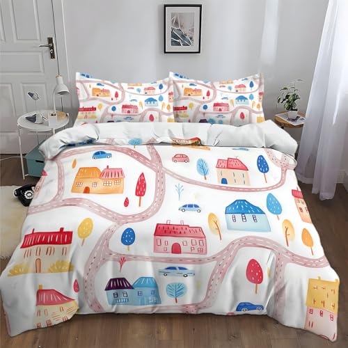 Aquarellstil Stadtplan Straßen Autos Bettbezug Bettwäsche Set 2 Teilig 135 x 200 cm, Weiß Bettwäsche-Set für Mädchen Junge Jugendliche, Deluxe Mikrofaser Weiche Gemütlich Bettbezug mit 1 Kissenbezüge von Generisch
