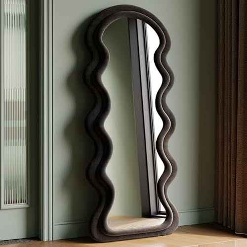 Generisch Ganzkörperspiegel 160x60cm Standspiegel,Gewölbter Bodenspiegel Groß,Wandspiegel aus Flanellumwickeltem Holzrahmen,Hängend/Kippend,Halbrunder Wellenspiegel für Schlafzimmer (Schwarz) von Generisch