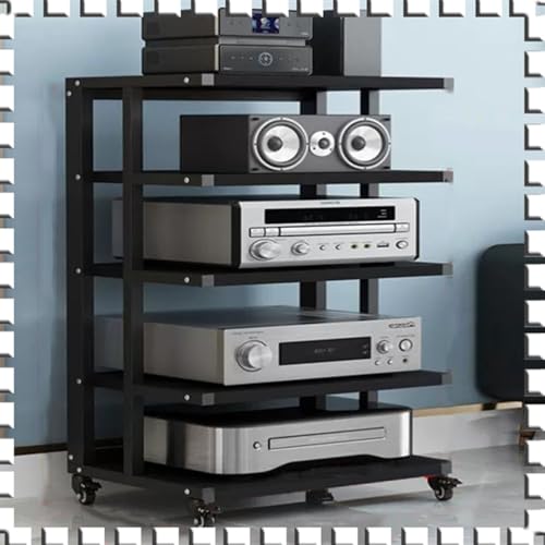 Audio-Ständer mit 5 Ebenen, HiFi-RackAV-Schrank, Media-Ständer mit Bremsrädern, Eck-Stereo-Rack, offener Audio-Turm für Heimkino, schwarz, perfekt für Audio-/Video-Komponenten von Generisch