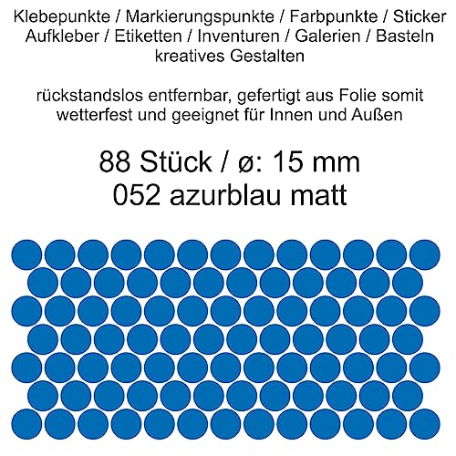 Aufkleber Etiketten Klebepunkte aus Folie 88 Stück blau azurblau matt rund 15 mm selbstklebend farbig wetterfest Decal Markierungen Organisieren DIY basteln verzieren Modellbau Scrapbooking von Generisch