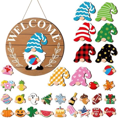 Austauschbares Gartenzwerg Willkommensschild für Türen, Wechselbare Deko aus Holz, Saisondeko Mit Magnetstücken Und Abnehmbaren Hüten, Für Weihnachten Halloween Saisonale Austauschbares Gartenzwerg Willkommensschild für Türen, Wechselbare Deko aus Holz, Saisondeko Mit Magnetstücken Und Abnehmbaren Hüten, Für Weihnachten Halloween Saisonale von Generisch