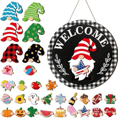 Austauschbares Willkommensschild Für Haustür Gartenzwerg | Austauschbares Saisonales Holzschild | Festdekoration Mit Magnetischen Teilen Und Abnehmbaren Hüten,Für Weihnachten Halloween Saisonale Austauschbares Willkommensschild Für Haustür Gartenzwerg | Austauschbares Saisonales Holzschild | Festdekoration Mit Magnetischen Teilen Und Abnehmbaren Hüten,Für Weihnachten Halloween Saisonale von Generisch