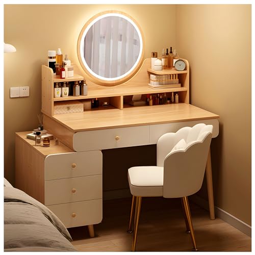 Ausziehbarer skandinavischer Schminktisch mit LED-Spiegel, Schminktisch für Frauen & Mädchen, 6 Schubladen Aufbewahrung & offene Regale, natürliches Finish, Schlafzimmer Schminktisch (Größe:80-95 x Ausziehbarer skandinavischer Schminktisch mit LED-Spiegel, Schminktisch für Frauen & Mädchen, 6 Schubladen Aufbewahrung & offene Regale, natürliches Finish, Schlafzimmer Schminktisch (Größe:80-95 x von Generisch