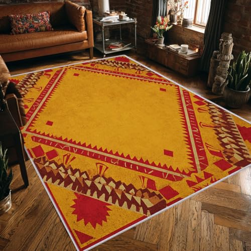 Azteken Raute Teppich Groß Wohnzimmer 200x300 Waschbar Mit Muster Rustikal Geometrisches Gelb Rot Teppiche Gegend Schlafzimmer Deko & Wohnaccessoires, Kurzflor Teppich Weich rutschfest, FD2950 von Generisch