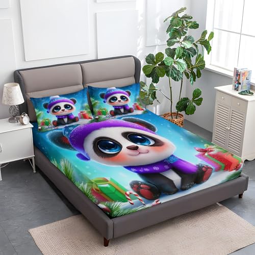 Azurblau Spannbettlaken Weiche Atmungsaktivem 140 x 200 cm, Tiefe Tasche Matratzenschoner rutschfeste Atmungsaktive Cartoon Weihnachten Tier Panda Spannbettlaken für Kinder Erwachsene von Generisch