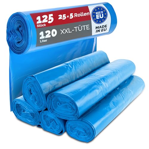 BHM 125 Stück Müllsäcke extra starke Abfallsäcke 5 premium blaue Rollen 120 Liter von Generisch
