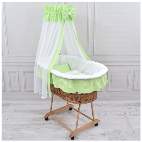 Baby Delux Baby Stubenwagen Komplett Set Babybett Matratze mit Rollen Bettwäsche Set Ausstattung (grün weiß) von Generisch