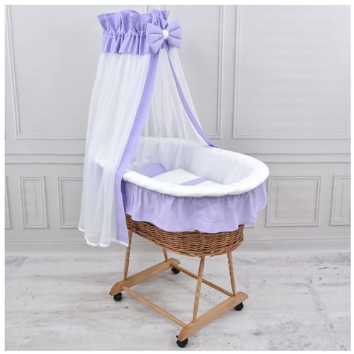 Baby Delux Baby Stubenwagen Komplett Set Babybett Matratze mit Rollen Bettwäsche Set Ausstattung (lila weiß) von Generisch