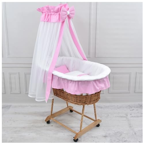 Baby Delux Baby Stubenwagen Komplett Set Babybett Matratze mit Rollen Bettwäsche Set Ausstattung (rosa weiß) von Generisch