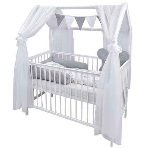 Baby Delux Babybett Komplett Set Hausbett 60x120 cm weiß Rausfallschutz Kinderbett Matratze Bettwäsche Deko Set (Chiffonhimmel, Koala grau) von Generisch