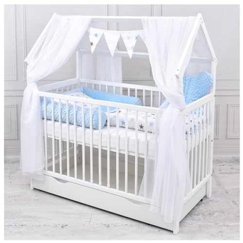Baby Delux Babybett Komplett Set Hausbett 60x120 cm weiß Schublade Rausfallschutz Kinderbett Matratze Bettwäsche Deko Set (Magic blau) von Generisch