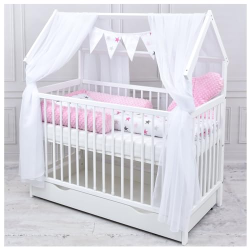 Baby Delux Babybett Komplett Set Hausbett 60x120 cm weiß Schublade Rausfallschutz Kinderbett Matratze Bettwäsche Deko Set (Magic rosa) von Generisch