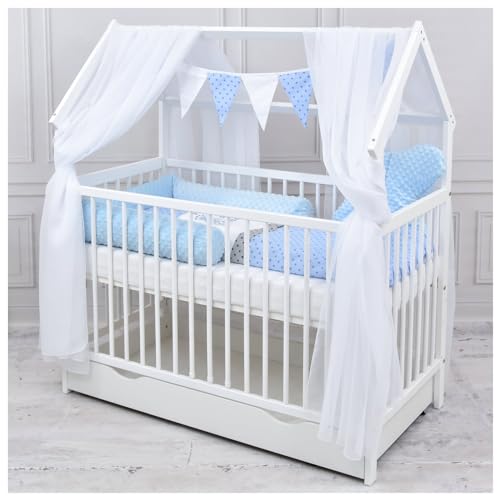 Baby Delux Babybett Komplett Set Hausbett 60x120 cm weiß Schublade Rausfallschutz Kinderbett Matratze Bettwäsche Deko Set (Prince Stars) von Generisch