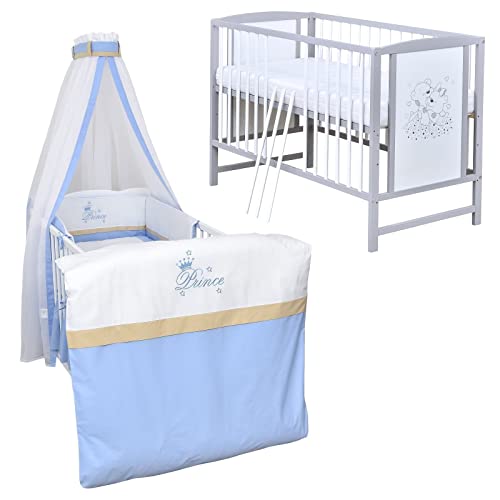 Baby Delux Babybett Komplett Set Kinderbett Mia 120x60 weiß grau Matratze Bettwäsche Set mehrteilig (Prince) von Generisch