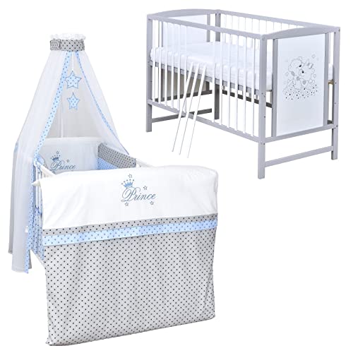 Baby Delux Babybett Komplett Set Kinderbett Mia 120x60 weiß grau Matratze Bettwäsche Set mehrteilig (Prince Grey Stars) von Generisch