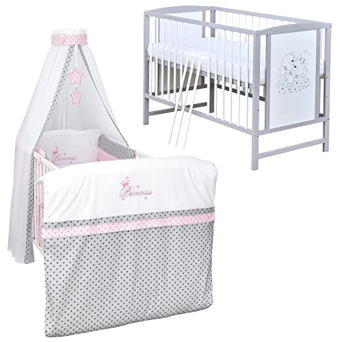 Baby Delux Babybett Komplett Set Kinderbett Mia 120x60 weiß grau Matratze Bettwäsche Set mehrteilig (Princess Grey Stars) von Generisch