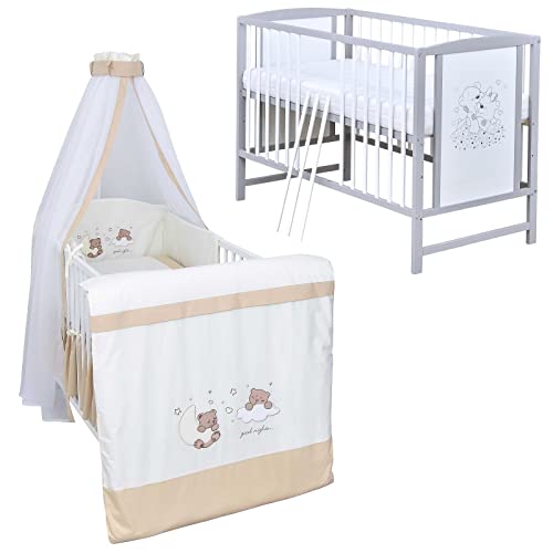 Baby Delux Babybett Komplett Set Kinderbett Mia 120x60 weiß grau Matratze Bettwäsche Set mehrteilig (Traumland beige) von Generisch