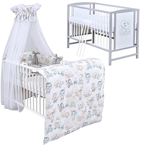 Baby Delux Babybett Komplett Set Kinderbett Mia grau weiß 120x60 Bettwäsche Set mehrteilig Matratze (Zoo beige Mint) von Generisch