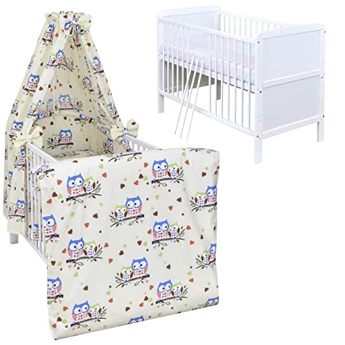 Generisch Baby Delux Babybett Komplett Set Kinderbett umbaubar zum Juniorbett 140x70 weiß Natalie Bettset Matratze 12-TLG Vollstoff (Eulenpaar beige) von Generisch