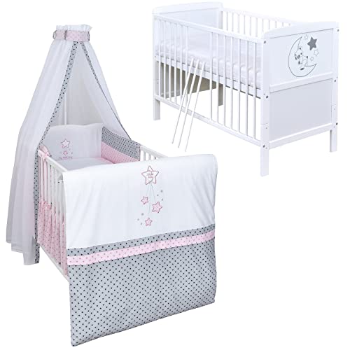 Baby Delux Babybett Komplett Set Kinderbett umbaubar zum Juniorbett weiß 140x70 Felix Bettwäsche mehrteilig (Magic Stars Rosa) von Generisch