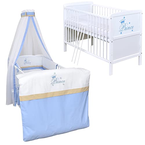 Baby Delux Babybett Komplett Set Kinderbett umbaubar zum Juniorbett weiß 140x70 Prince Bettwäsche mehrteilig (Prince) von Generisch