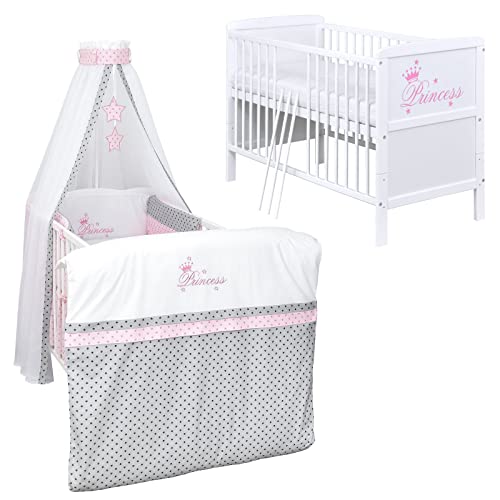 Baby Delux Babybett Komplett Set Kinderbett umbaubar zum Juniorbett weiß 140x70 Princess Bettwäsche mehrteilig (Princess Grey Stars) von Generisch