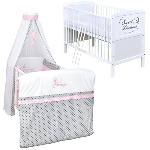 Baby Delux Babybett Komplett Set Sweet Dreams Kinderbett umbaubar zum Juniorbett weiß 140x70 Bettwäsche mehrteilig (Princess Grey Stars) von Generisch