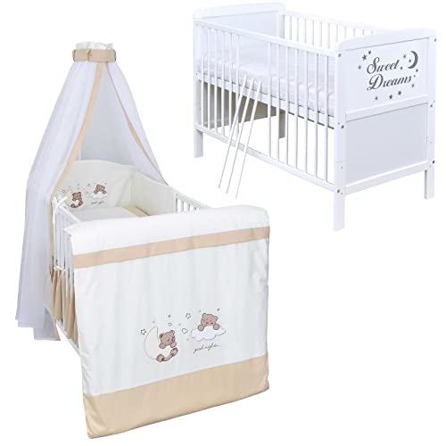 Baby Delux Babybett Komplett Set Sweet Dreams Kinderbett umbaubar zum Juniorbett weiß 140x70 Bettwäsche mehrteilig (Traumland beige) von Generisch