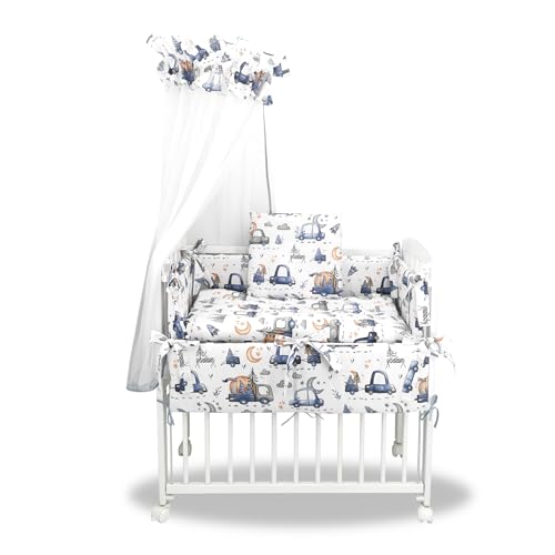 Baby Delux Beistellbett Set Babybett Komplett Set Stubenwagen weiß 90x40 mobil mit Rädern inkl. Bettwäsche Matratze (Auto blau) von Generisch
