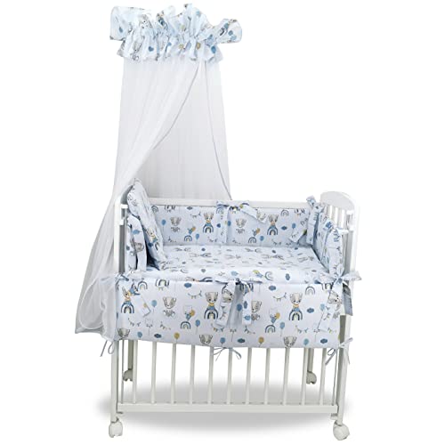 Baby Delux Beistellbett Set Babybett Komplett Set Stubenwagen weiß 90x40 mobil mit Rädern inkl. Bettwäsche Matratze (Bärchen blau) von Generisch