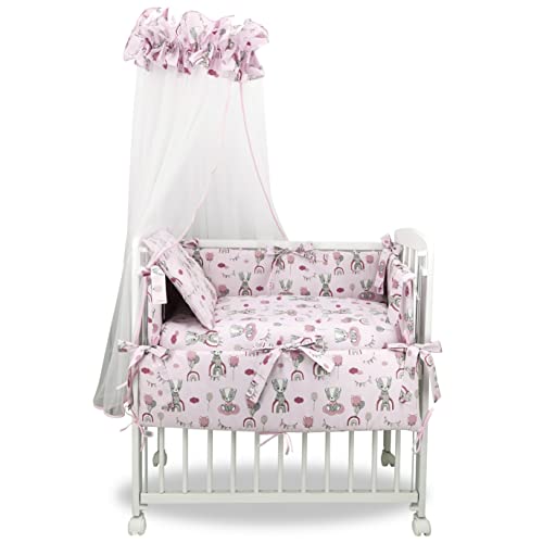 Baby Delux Beistellbett Set Babybett Komplett Set Stubenwagen weiß 90x40 mobil mit Rädern inkl. Bettwäsche Matratze (Bärchen rosa) von Generisch