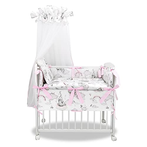Baby Delux Beistellbett Set Babybett Komplett Set Stubenwagen weiß 90x40 mobil mit Rädern inkl. Bettwäsche Matratze (Elefant rosa) von Generisch