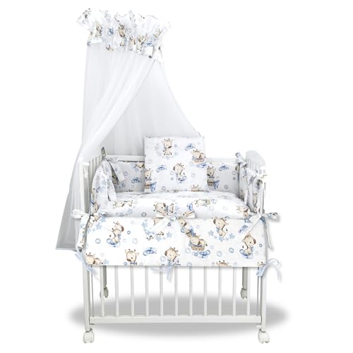 Baby Delux Beistellbett Set Babybett Komplett Set Stubenwagen weiß 90x40 mobil mit Rädern inkl. Bettwäsche Matratze (Giraffe blau) von Generisch