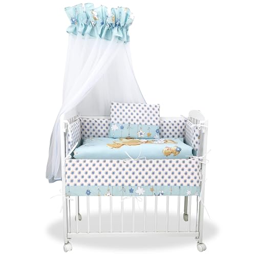 Baby Delux Beistellbett Set Babybett Komplett Set Stubenwagen weiß 90x40 mobil mit Rädern inkl. Bettwäsche Matratze (Mika blau) von Generisch